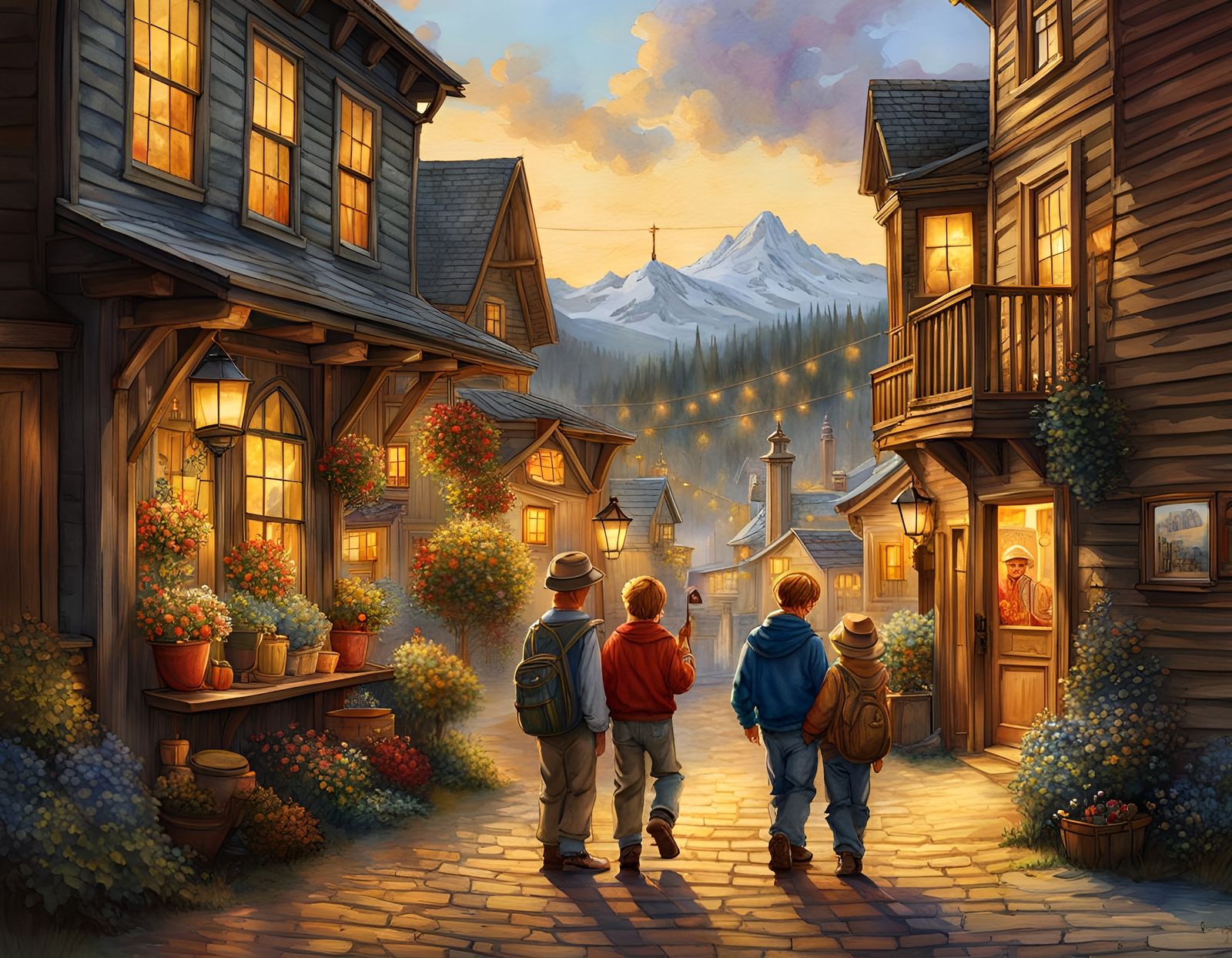 Boys in Old Town Montana: Folk Art Illustration