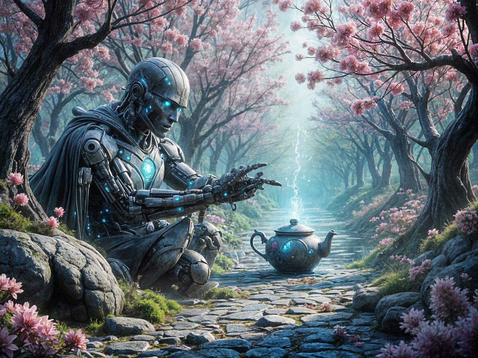 Robot Brewing Potion in Japanese Garden Watercolor