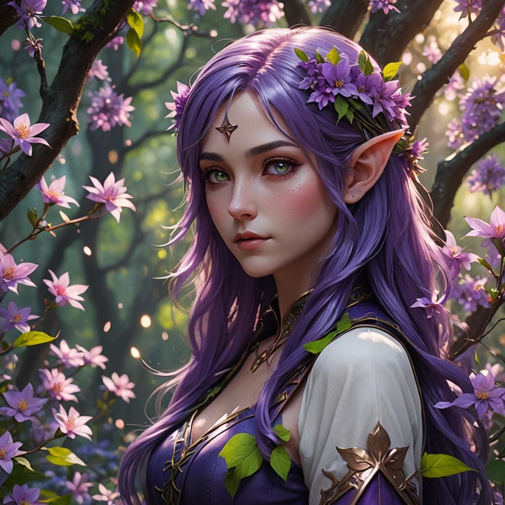 Enchanted Elf Girl with Purple Hair in Anime Style