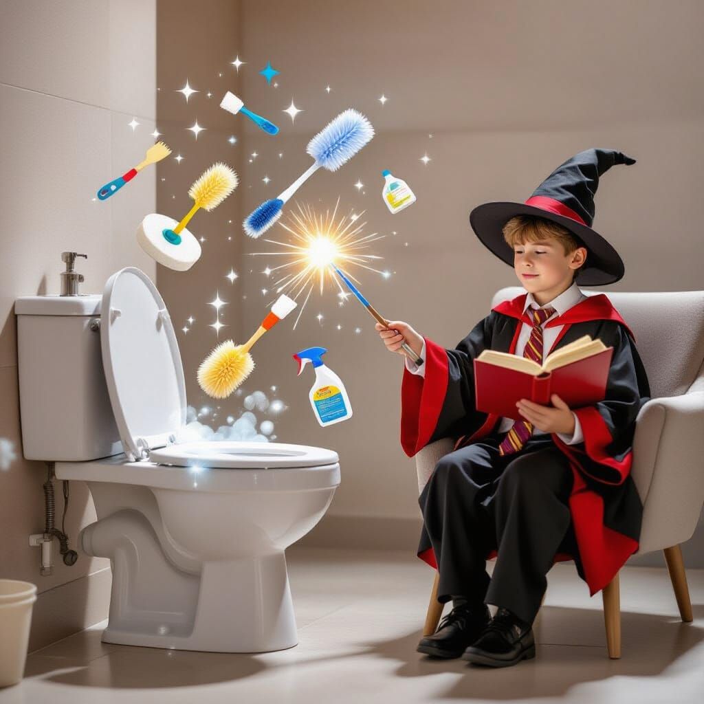 Young Wizard Magically Cleans Toilet with Flying Brushes