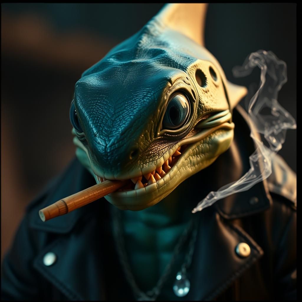 Shark-Salamander Hybrid Smoking Cigar in Cinematic Still
