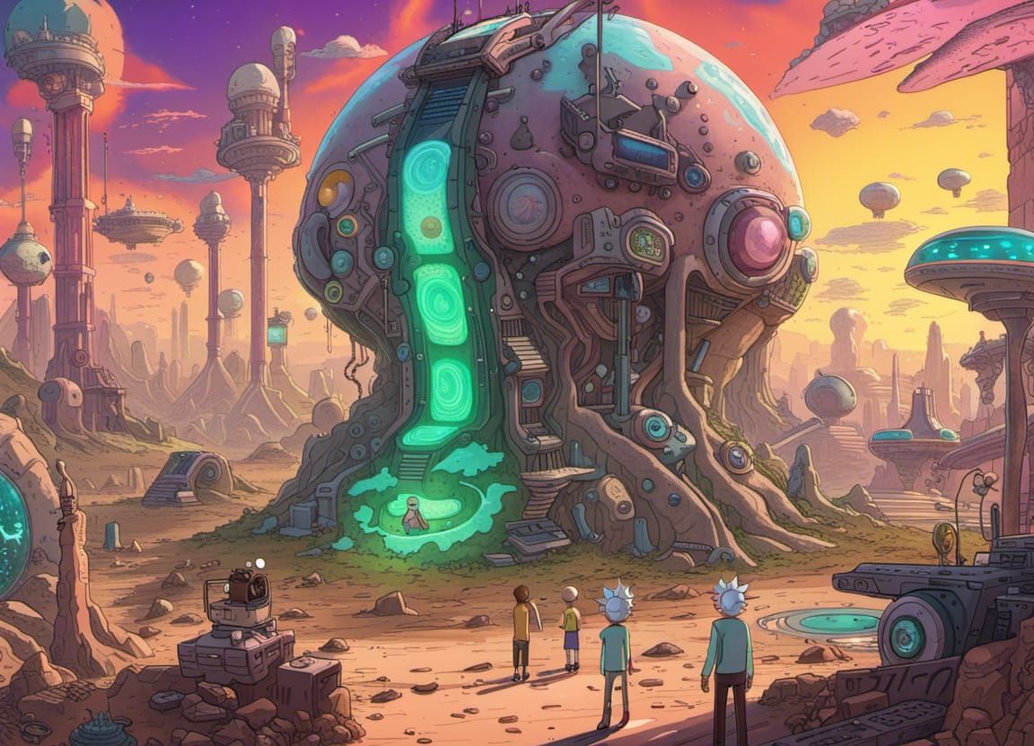 Rick and Morty on Alien Planet in Cyberpunk Style