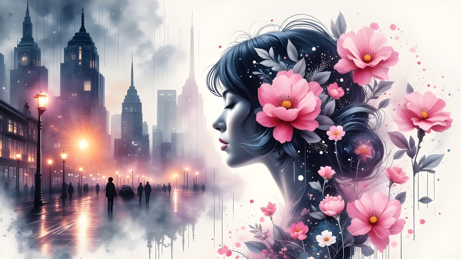 Watercolor Woman Portrait with Bokeh Anime Mecha Background