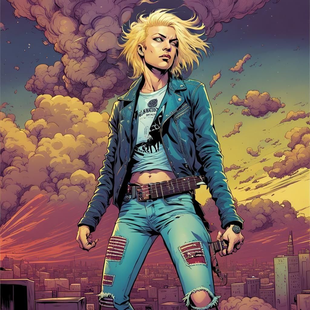 Punk Rock Guitarist in Comic Book Art Style