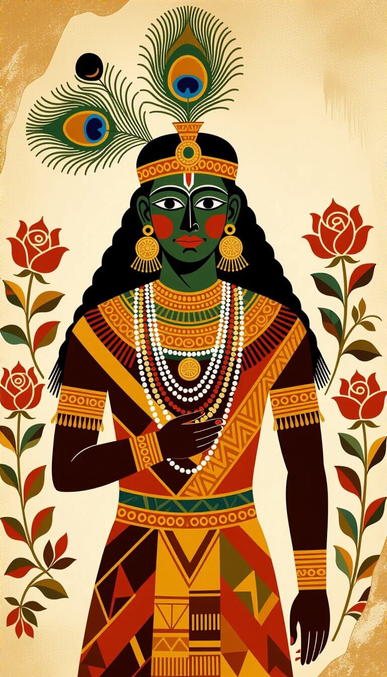 Regal Cave Painting of Figure with Peacock Headdress