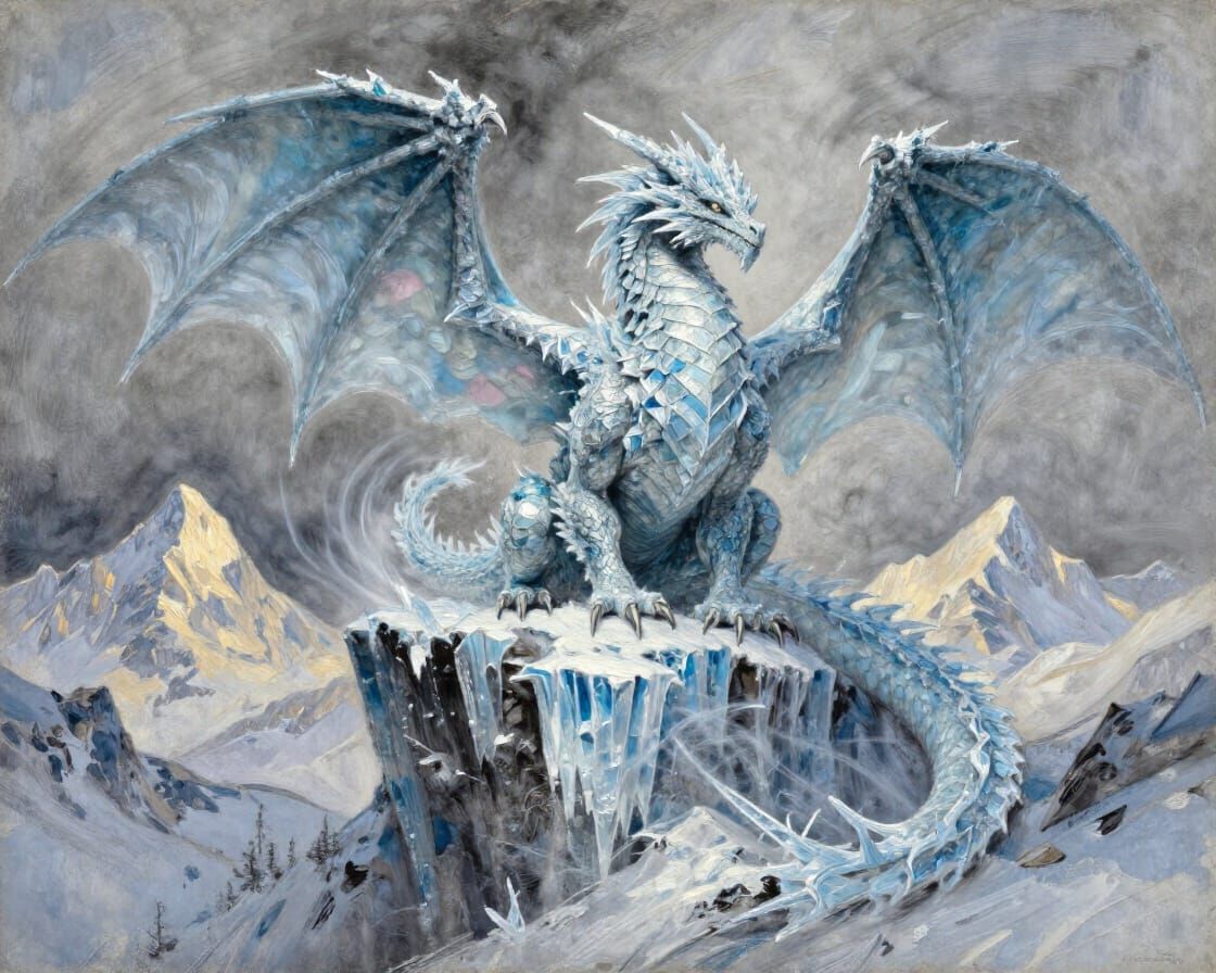 Majestic Ice Dragon on Frozen Cliff in Gouache Style