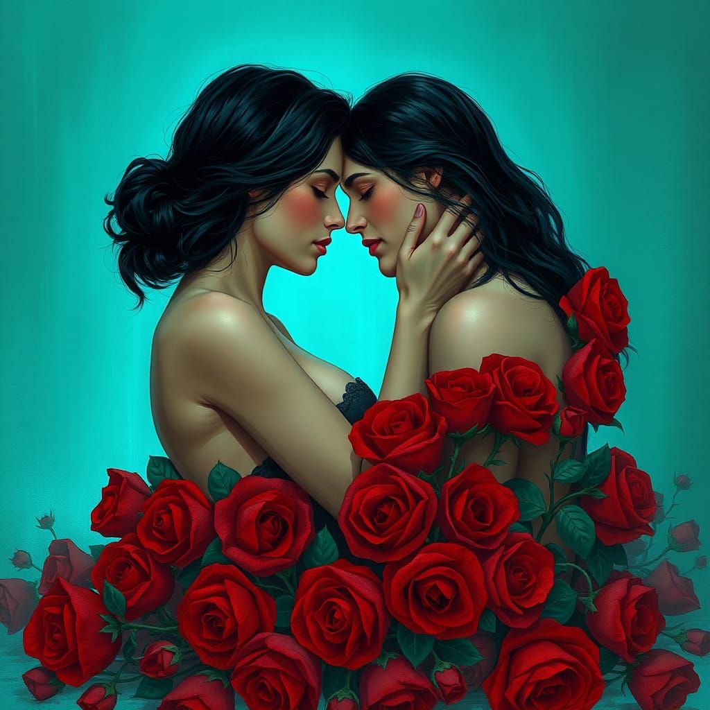 Embracing Couple Surrounded by Roses, in Ethereal Style