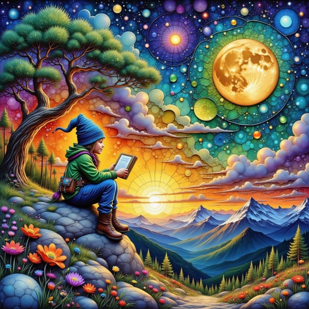 Alcohol Ink Gnome on Mountain at Night