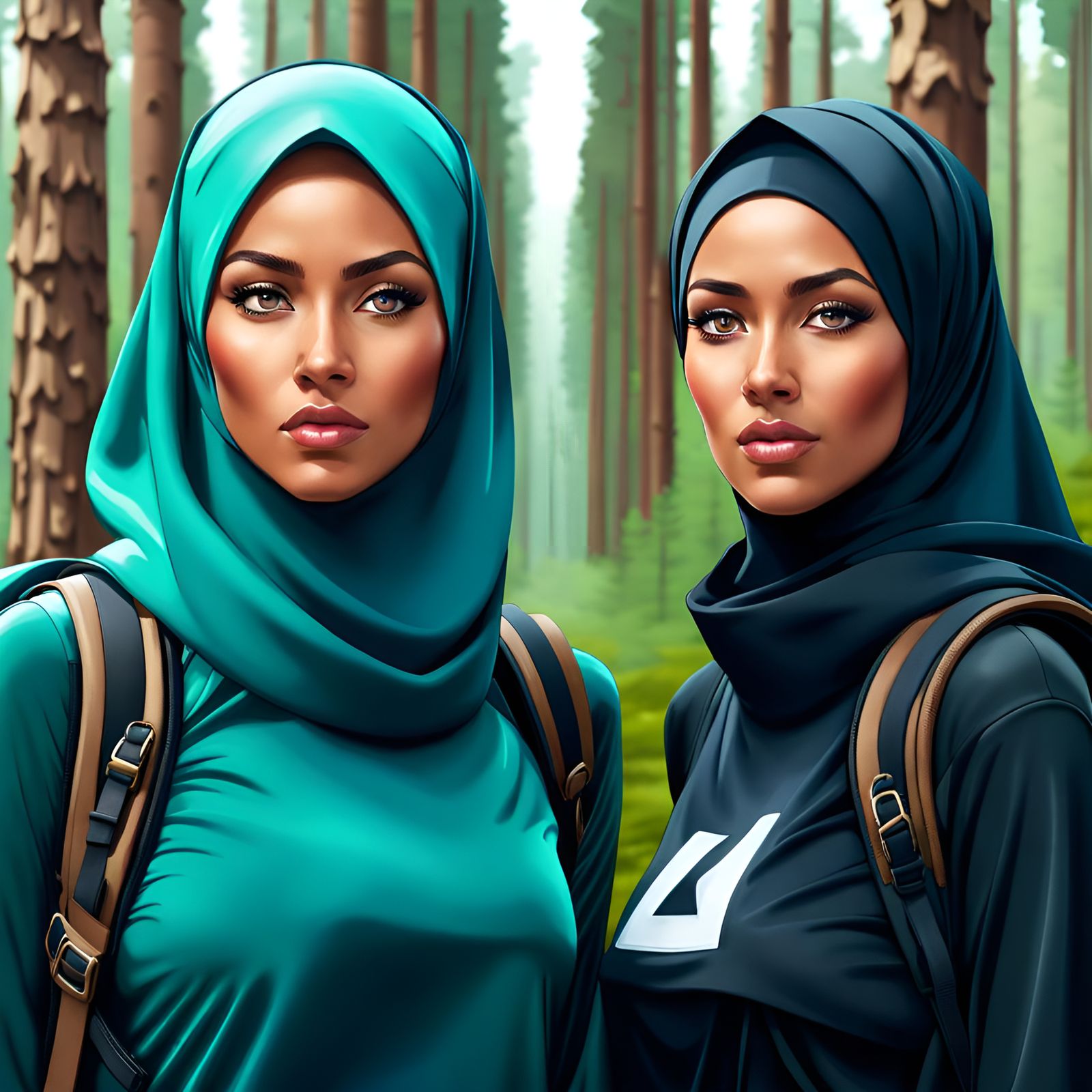 Women Hiking in Pine Forest, Hyperdetailed Art