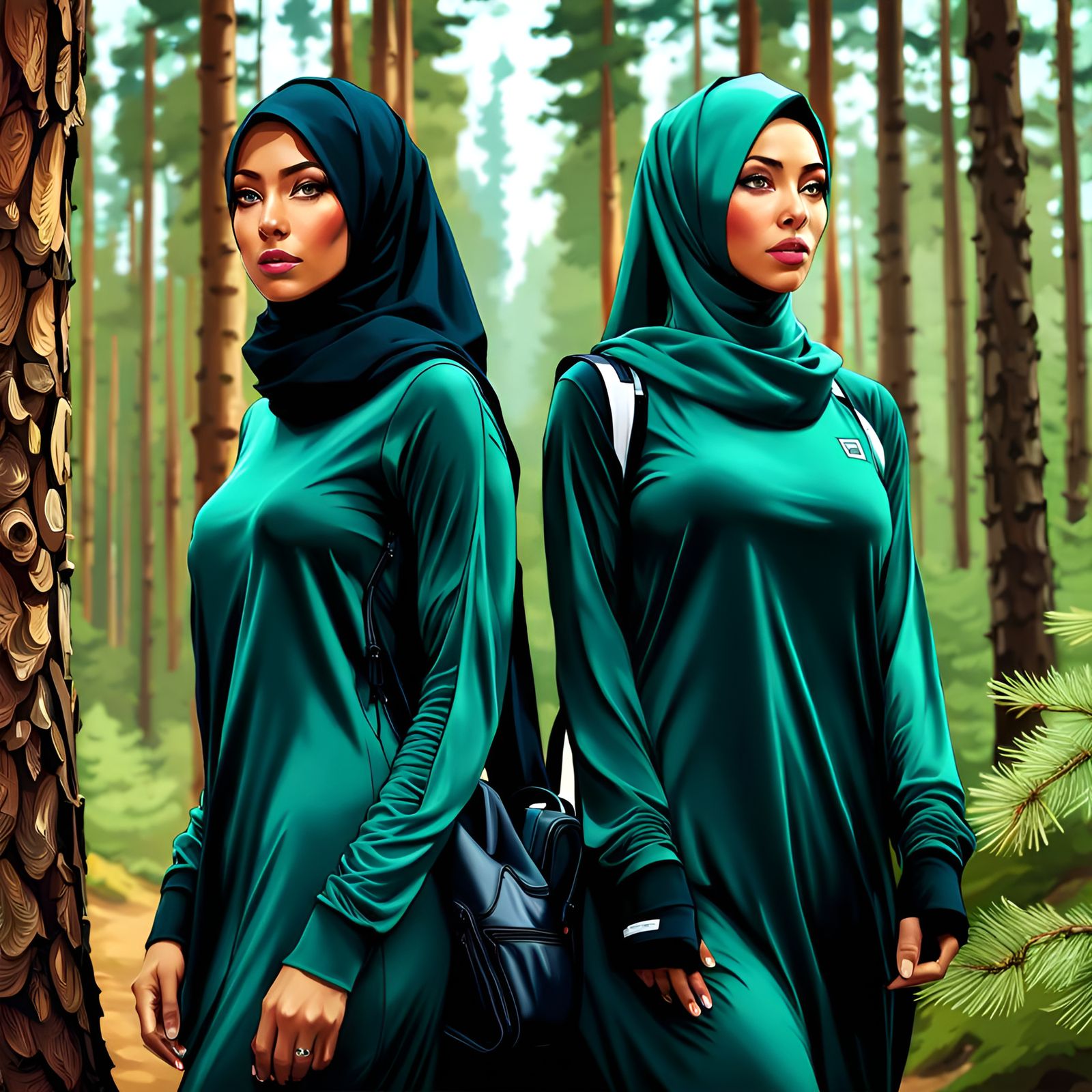 Women Hiking in Pine Forest: Digital Art Portrait