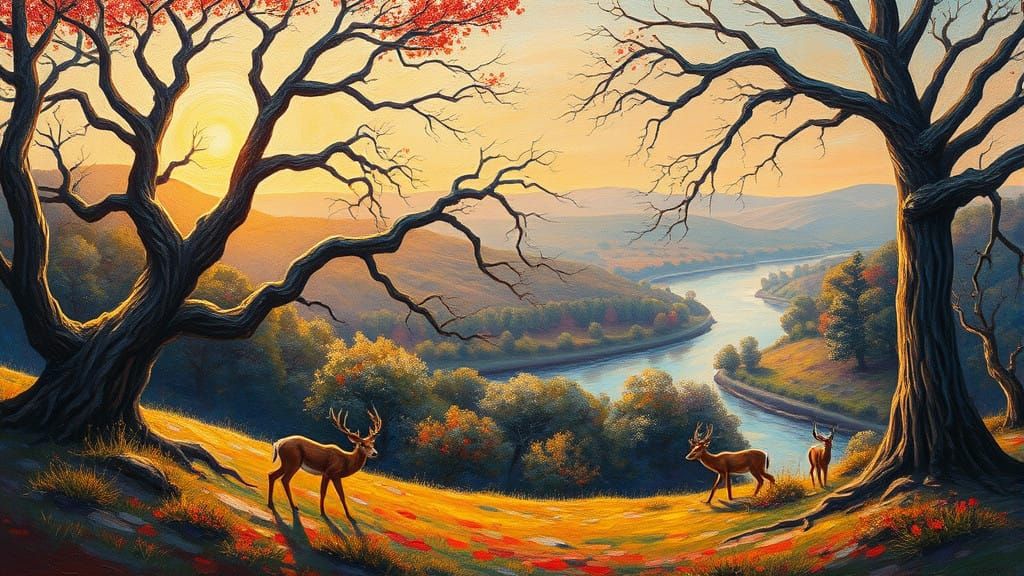 Majestic Trees and Gentle Deer in Vibrant Neo-Impressionist ...