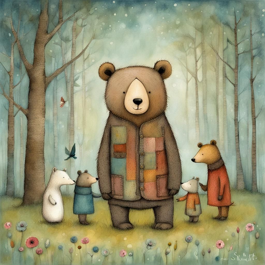 Whimsical Bear Cub and Friends Illustration