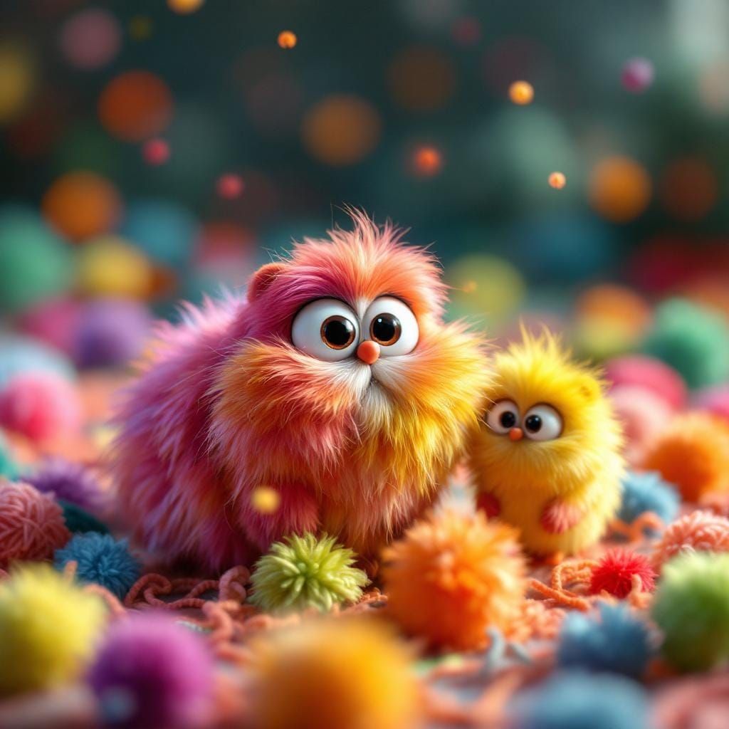 Cute Yarn Fur Balls in Pixar Style