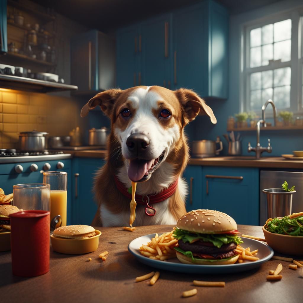 Dog Eats Hamburger: Detailed Matte Painting