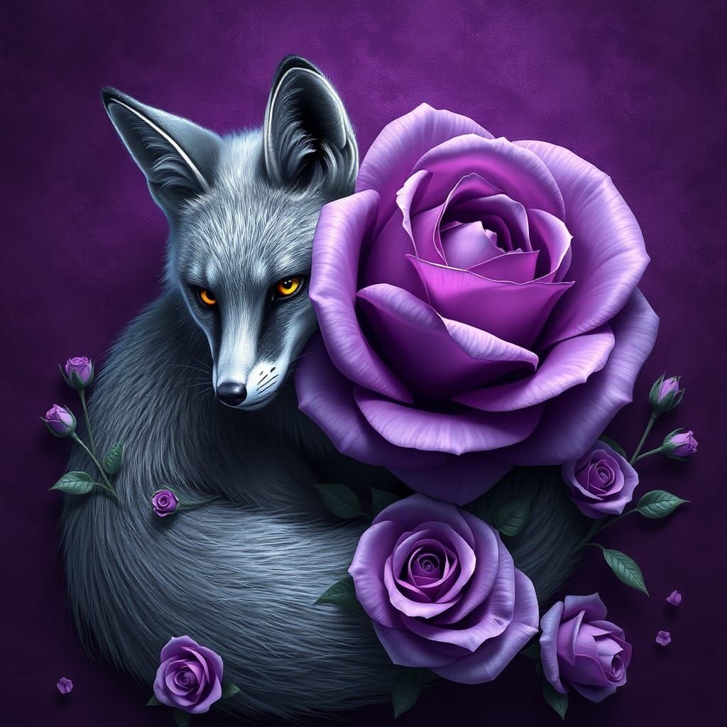 Silver Fox and Purple Rose in Art Nouveau Style
