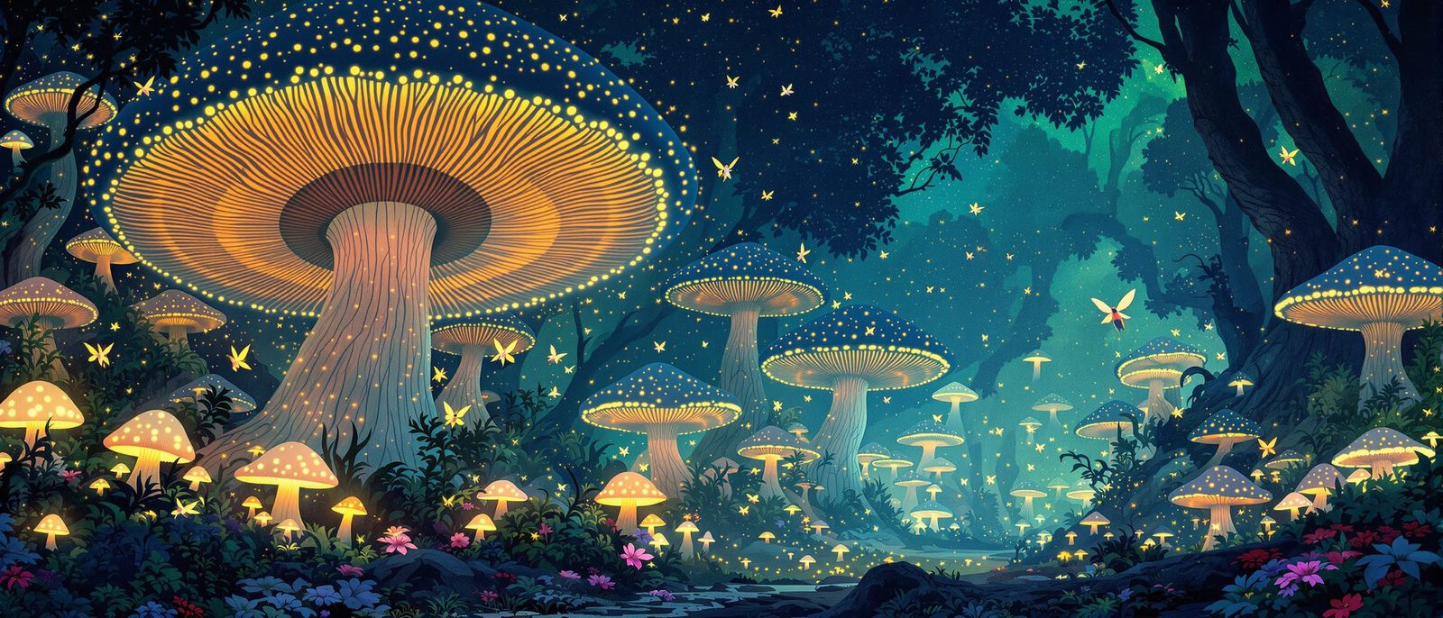 Bioluminescent Mushroom Forest with Ethereal Sprites