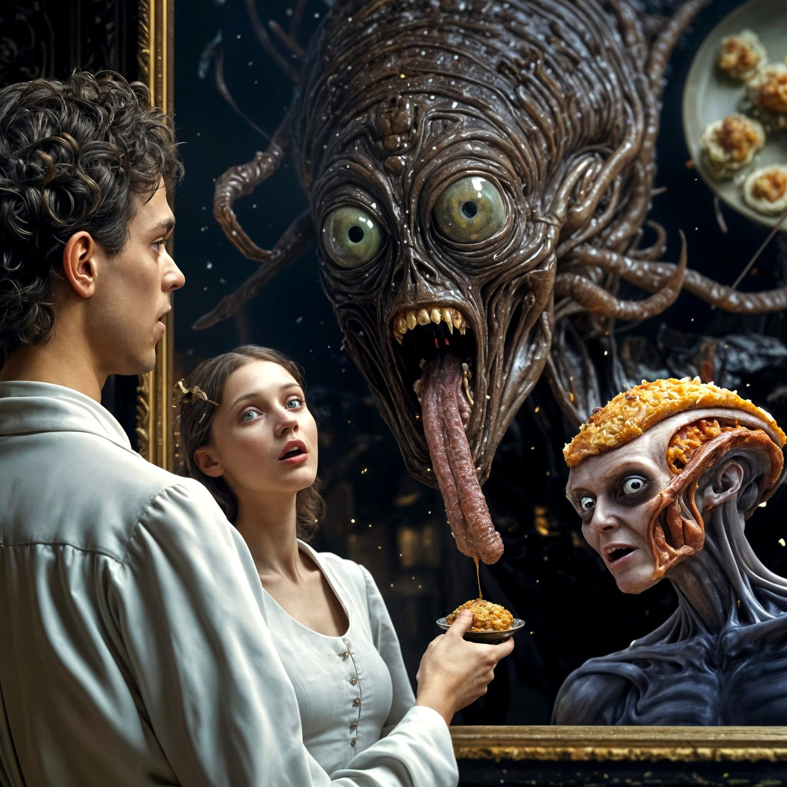 Dreamlike Feast of Bizarre Foods in Hyperrealistic Style