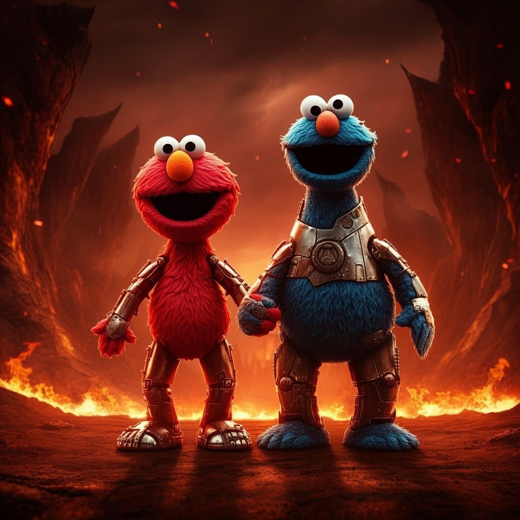 Heavy Metal Cyborg Elmo and Cookie Monster in Hell