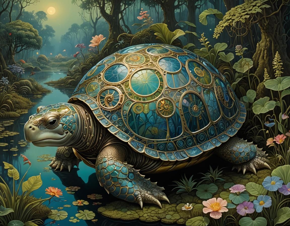 Mechanical Nautilus Turtle Hybrid in Swamp, Detailed Art