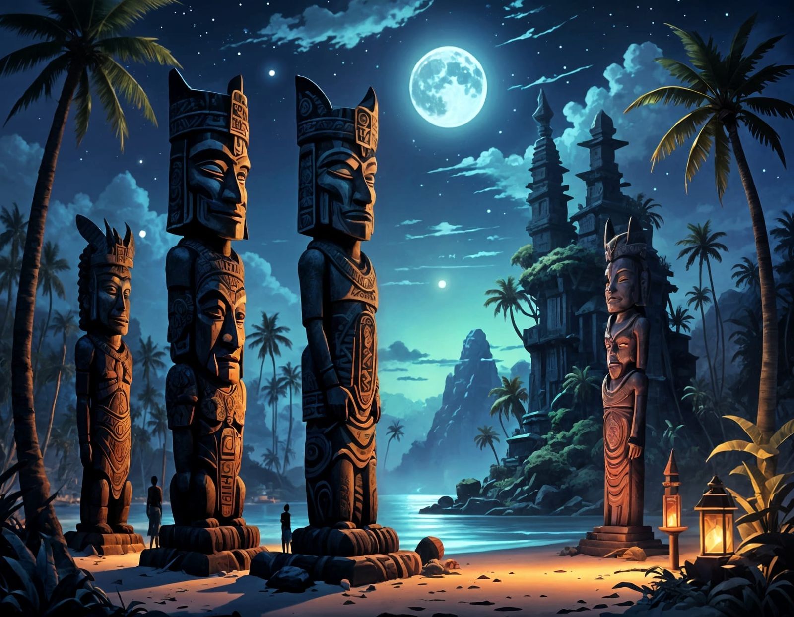 Moonlit Tiki Totems in a Neon Religious Style