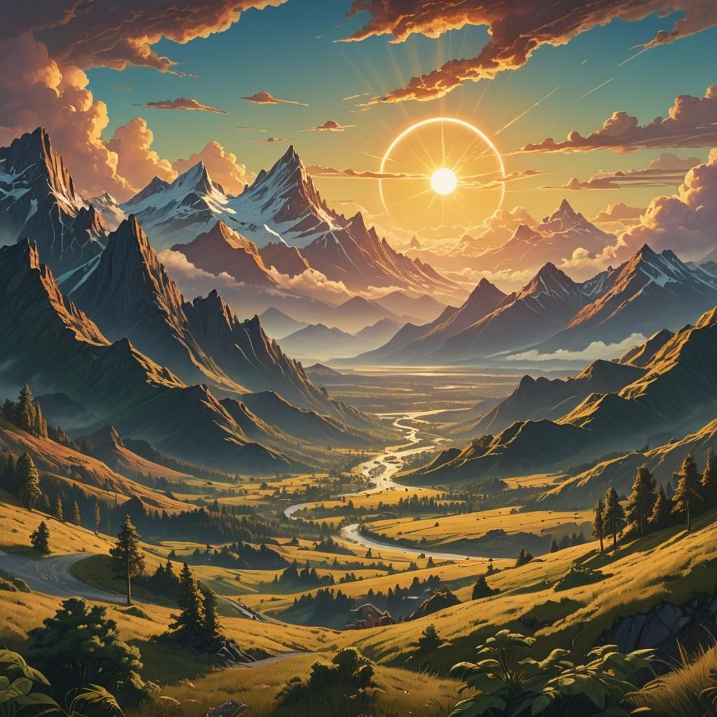 Glowing Sun Illuminates Fantasy Mountain Landscape