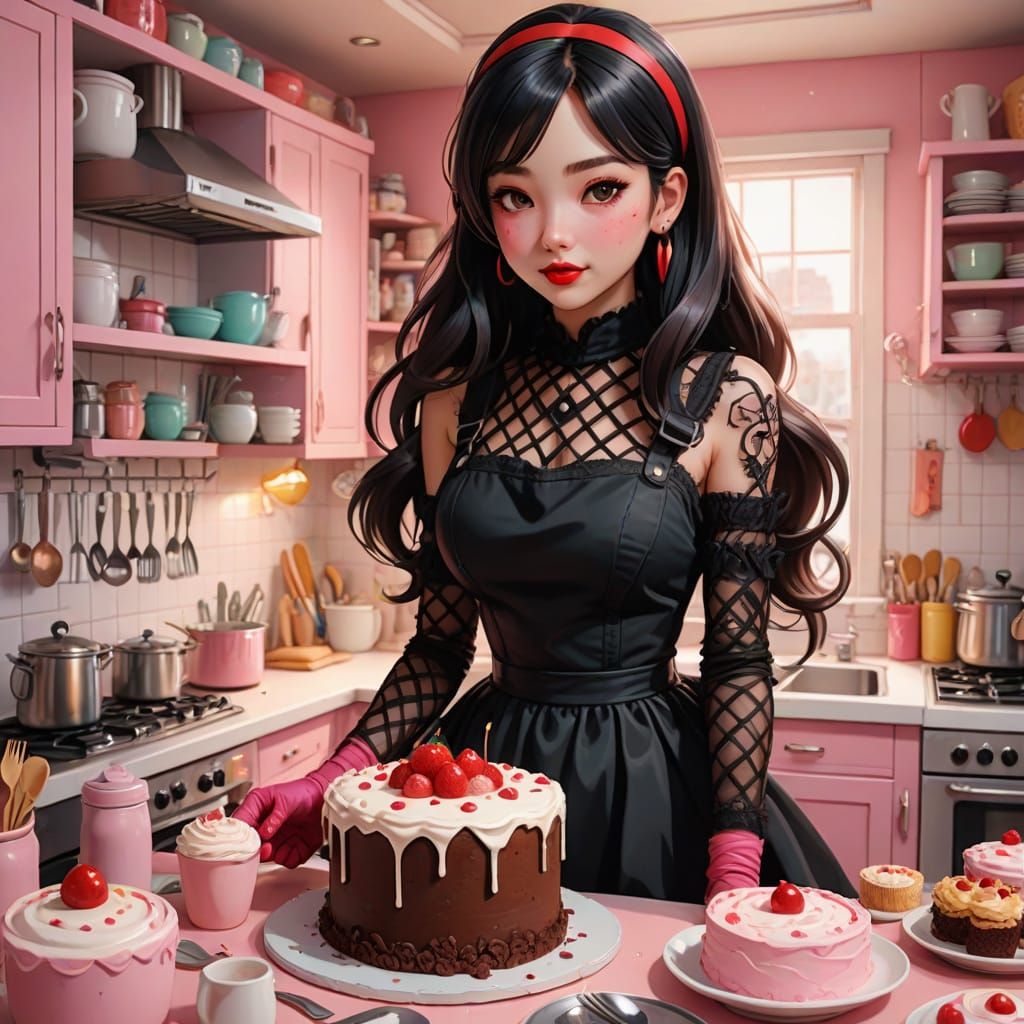 Sweet Gothic Kawaii Girl Bakes Valentine's Day Cake in Paste...