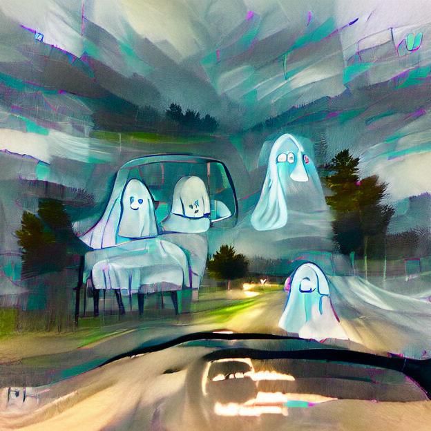 Car Drives Through Ethereal Ghostly Apparitions