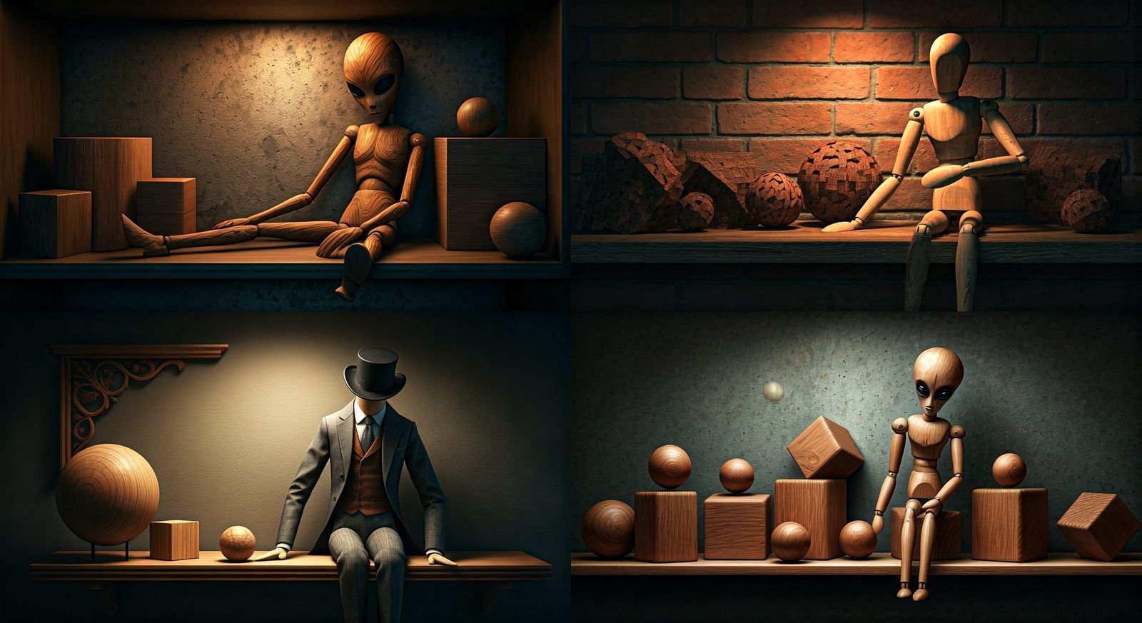 Lonely Wooden Alien Mannequin in Hyperrealistic Surreal Scen...