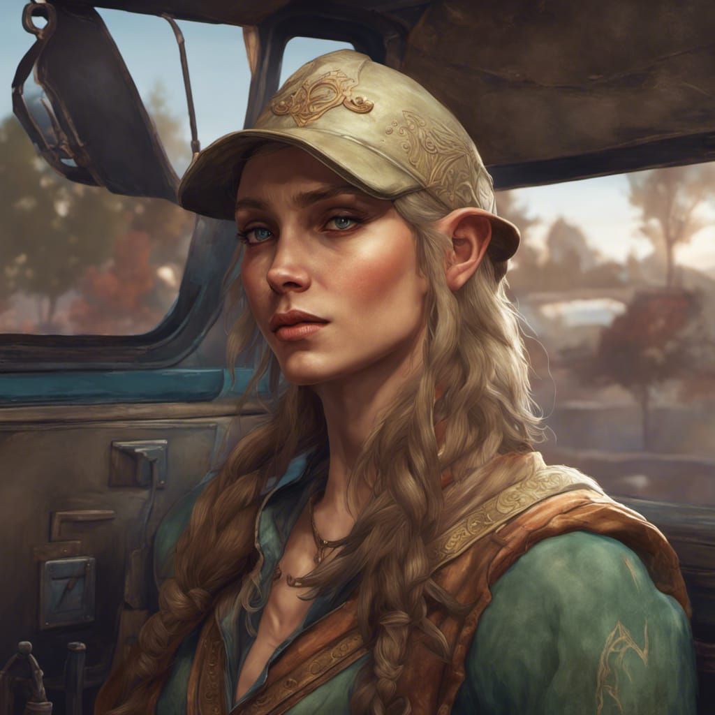 Elven Trucker Portrait in Hyperdetailed Art Nouveau Style