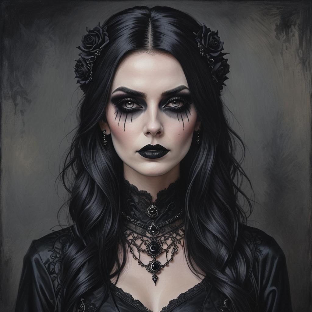 Hyperrealistic Goth Woman Portrait in Dark Attire
