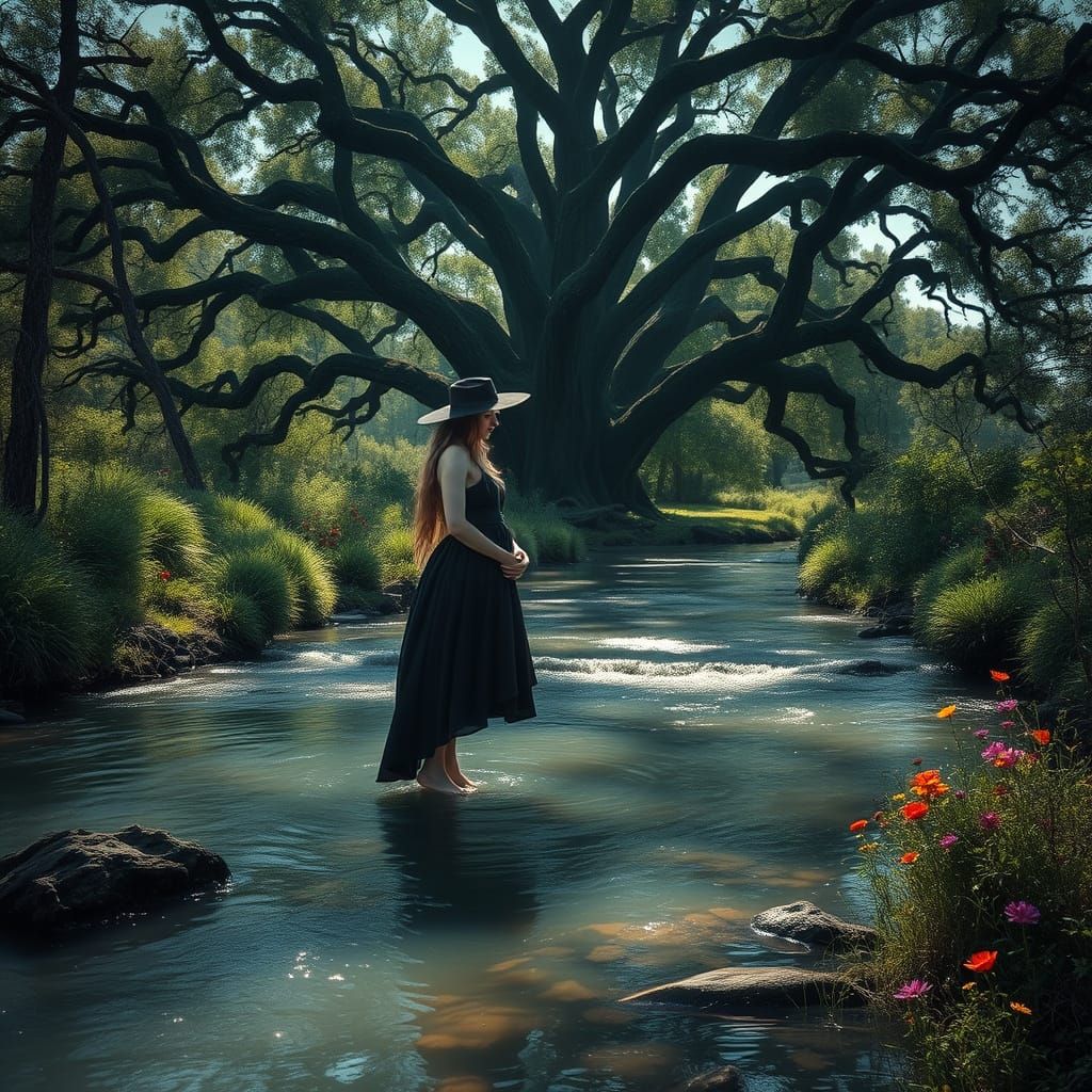 River Witch and Rusalki in Mystical Oak Forest