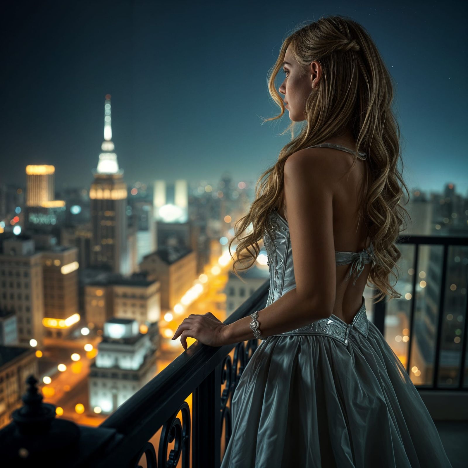 Beautiful Girl Overlooking City at Night in Silver Corset
