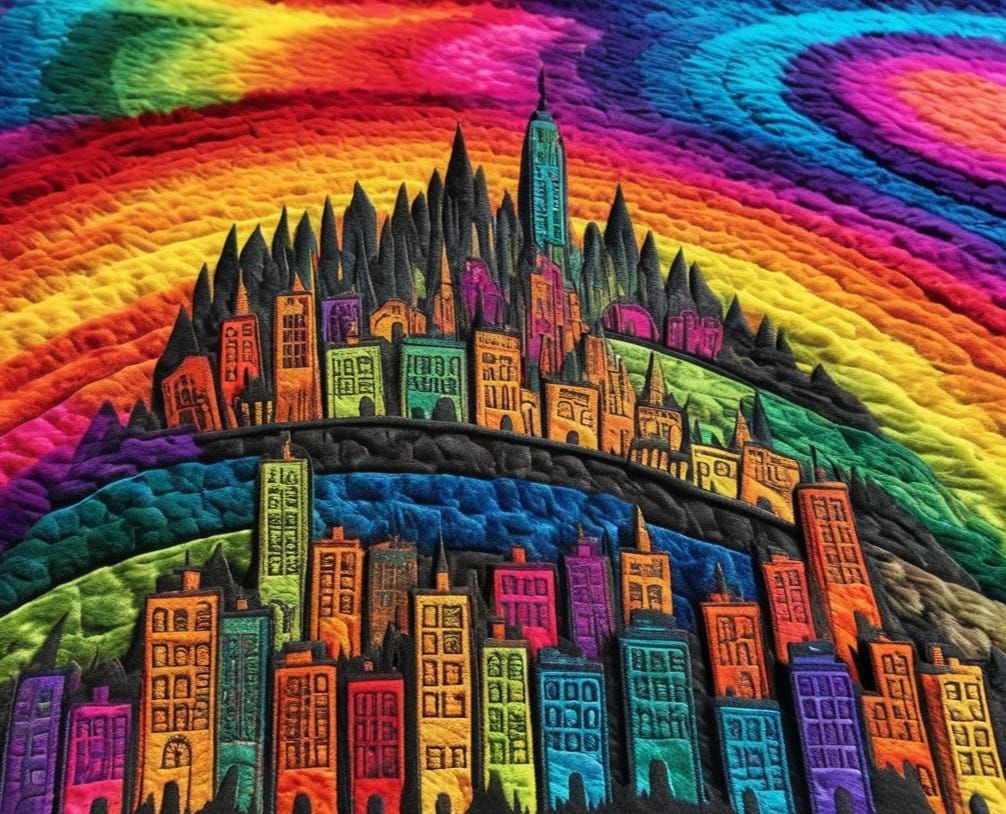 Glowing Metropolis on a Hill with Rainbow Rug