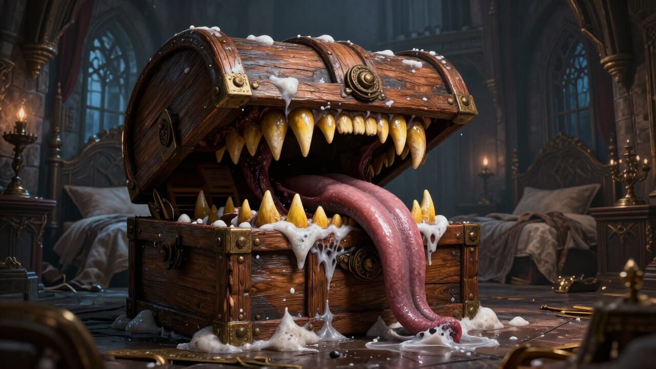 Violent D&D Chest Mimic in Castle Bedroom