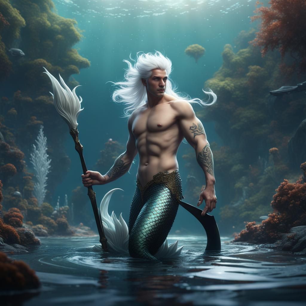 Fantastical White Haired Merman in Deep Color