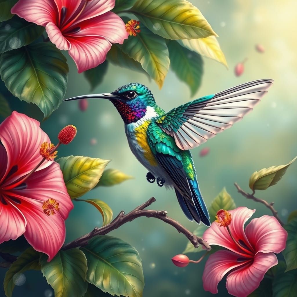 A vibrant hummingbird perched on a branch amidst hibiscus flowers and tropical leaves, detailed, realistic style illustr...