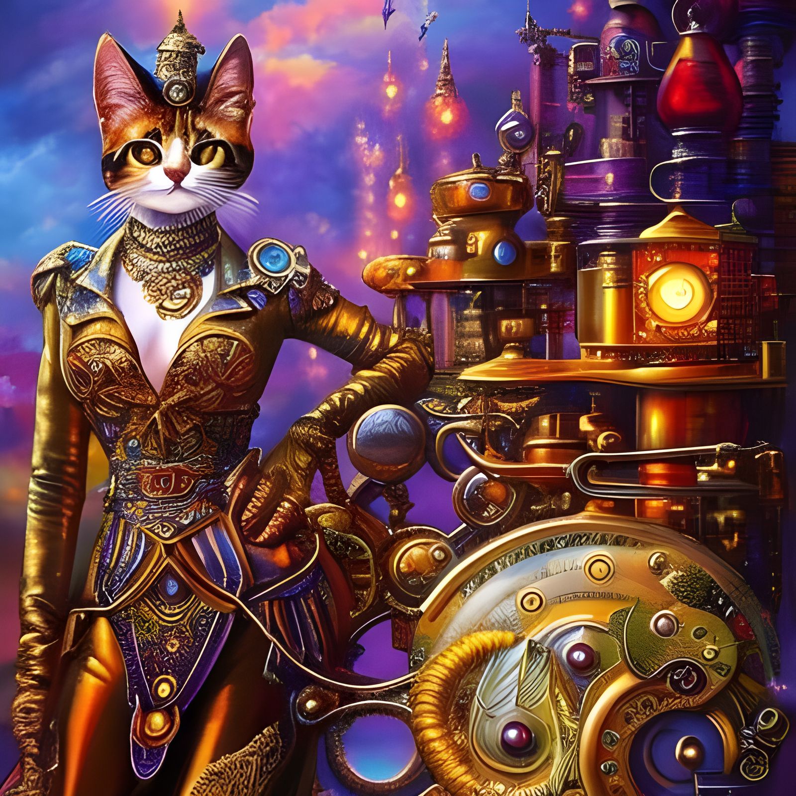 Steampunk Cat Rides Penny-Farthing: Detailed Digital Art