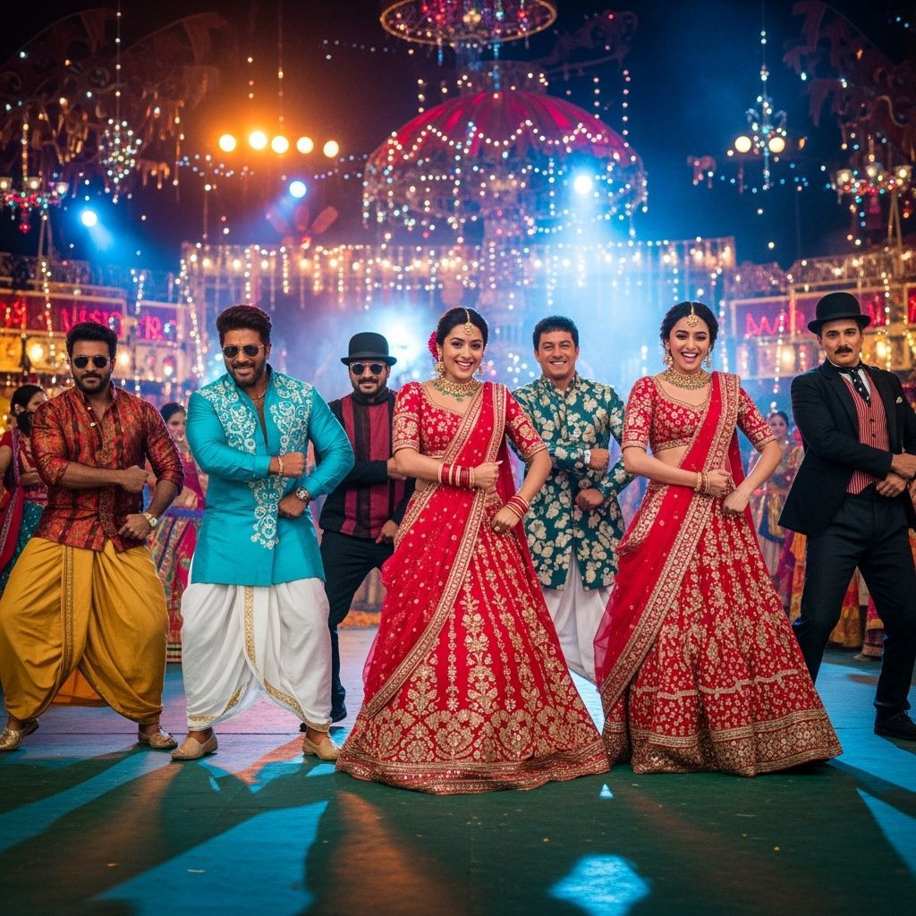 Dynamic Dance Scene with Celebrities in Traditional Attire