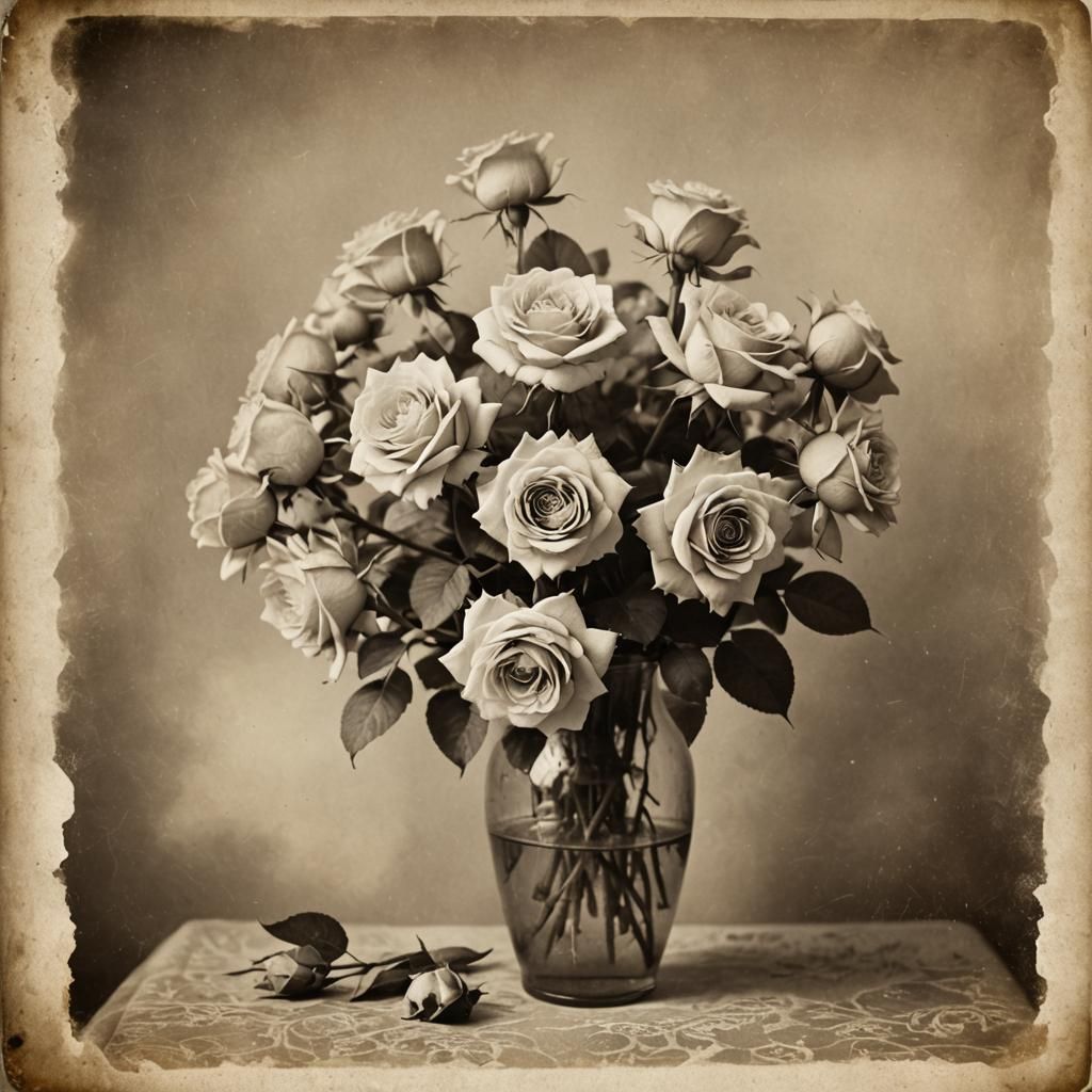 Vintage Sepia Photo of Roses in Vase