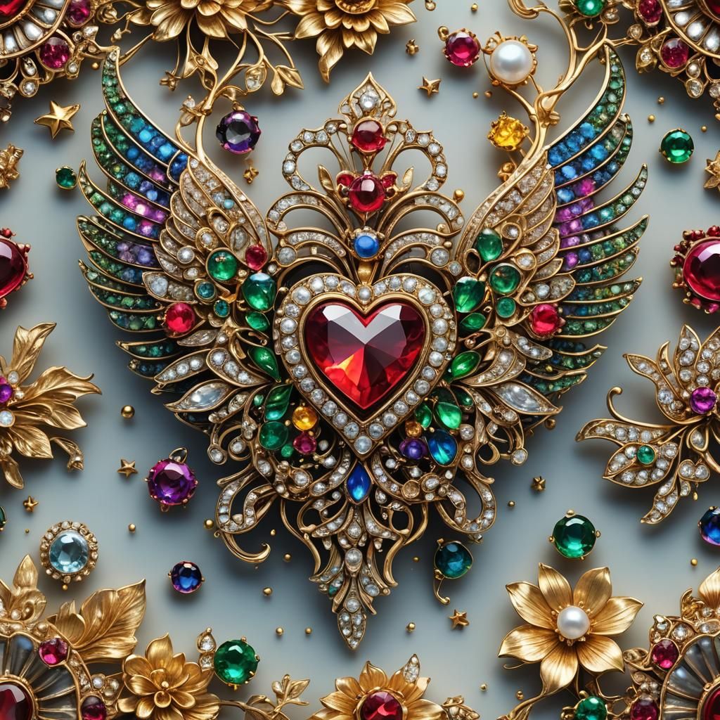 Winged Heart Brooch with Gems and Lotus Flowers