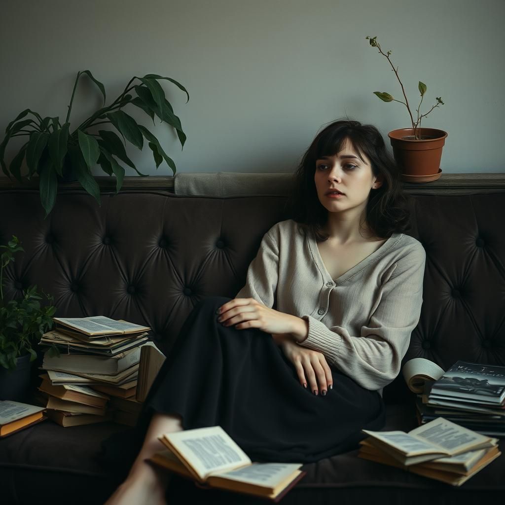 Melancholic Woman on Couch in Dreamy Art Style