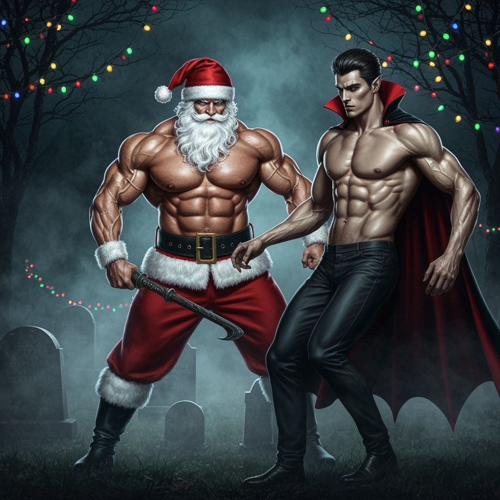 Muscular Santa Hunts Vampire in Moody Graveyard