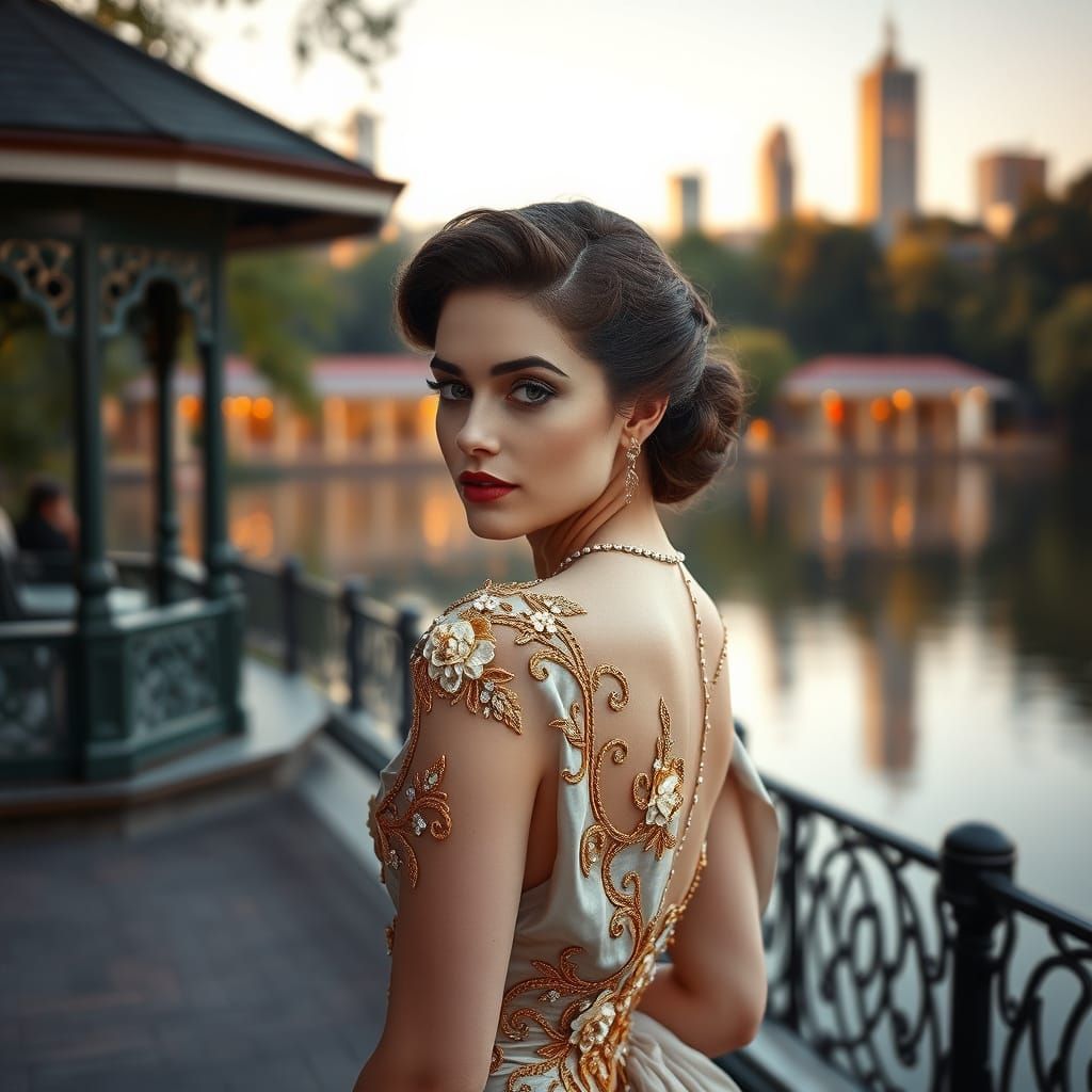 Edwardian Gibson Girl in Golden Flower Gown