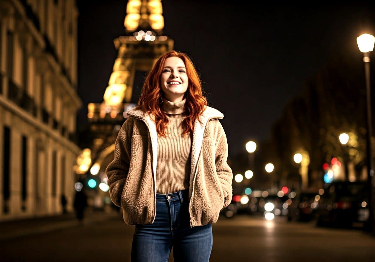 Woman in Paris at Night, Eiffel Tower Illuminated