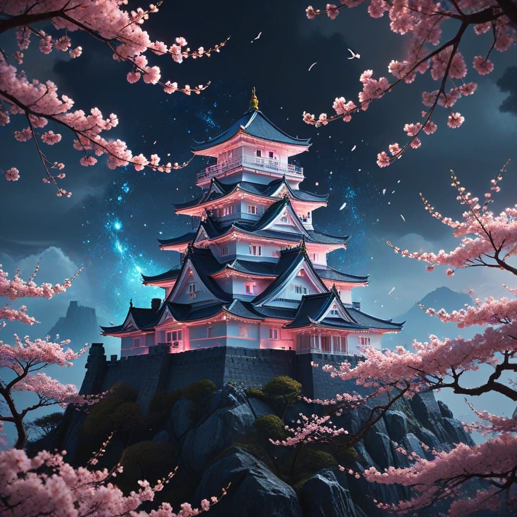 Ethereal Japanese Castle & Cherry Blossoms Double Exposure