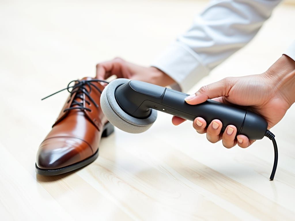 Man Polishing Shoe with Electric Shoe Polisher