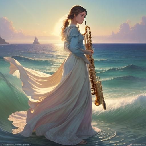 Woman Plays Saxophone in Impressionistic Seaside Painting