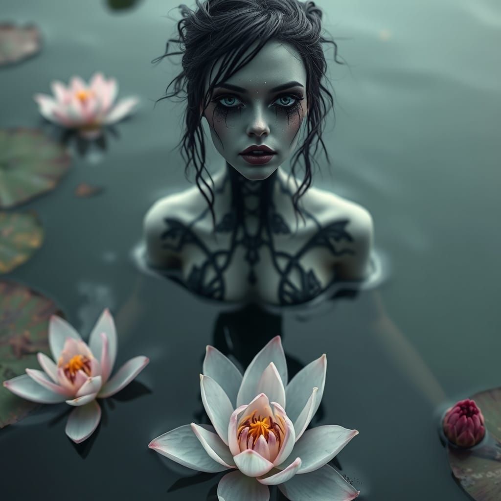Elegant Lotus Woman Emerges from Macabre Aquatic Bloom