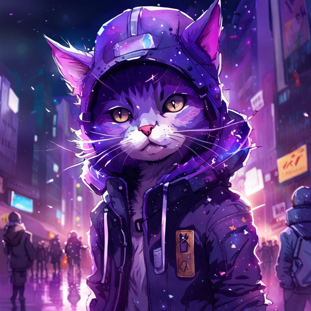 Anime Cat Portrait in Watercolor Style