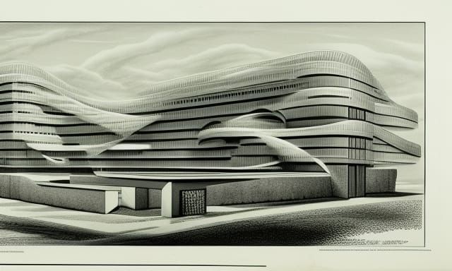 Organic Desert Office Building: 1920s Blueprint Style